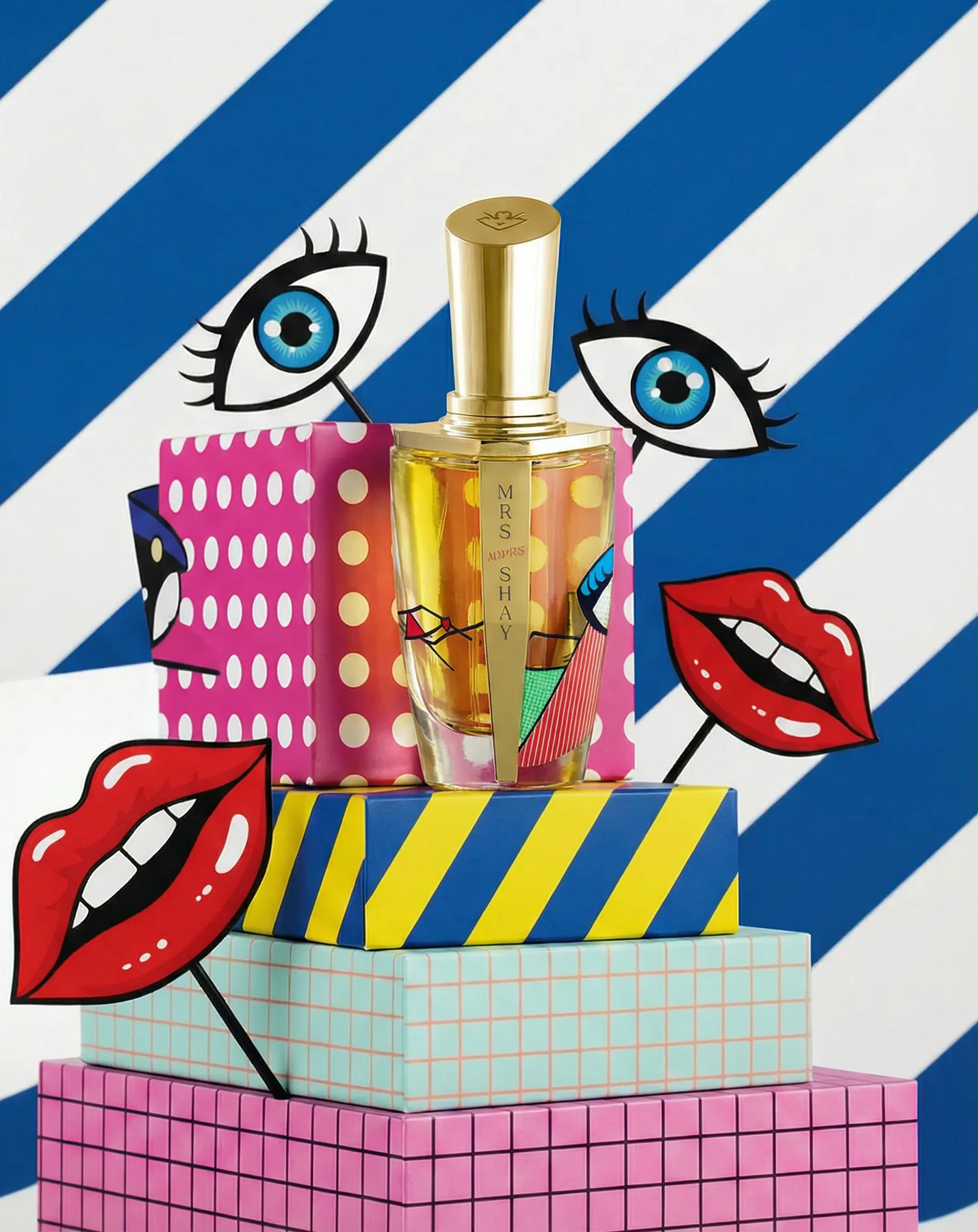 Anfasic Dokhoon on a pop-art stack with cut-out eyes and lips