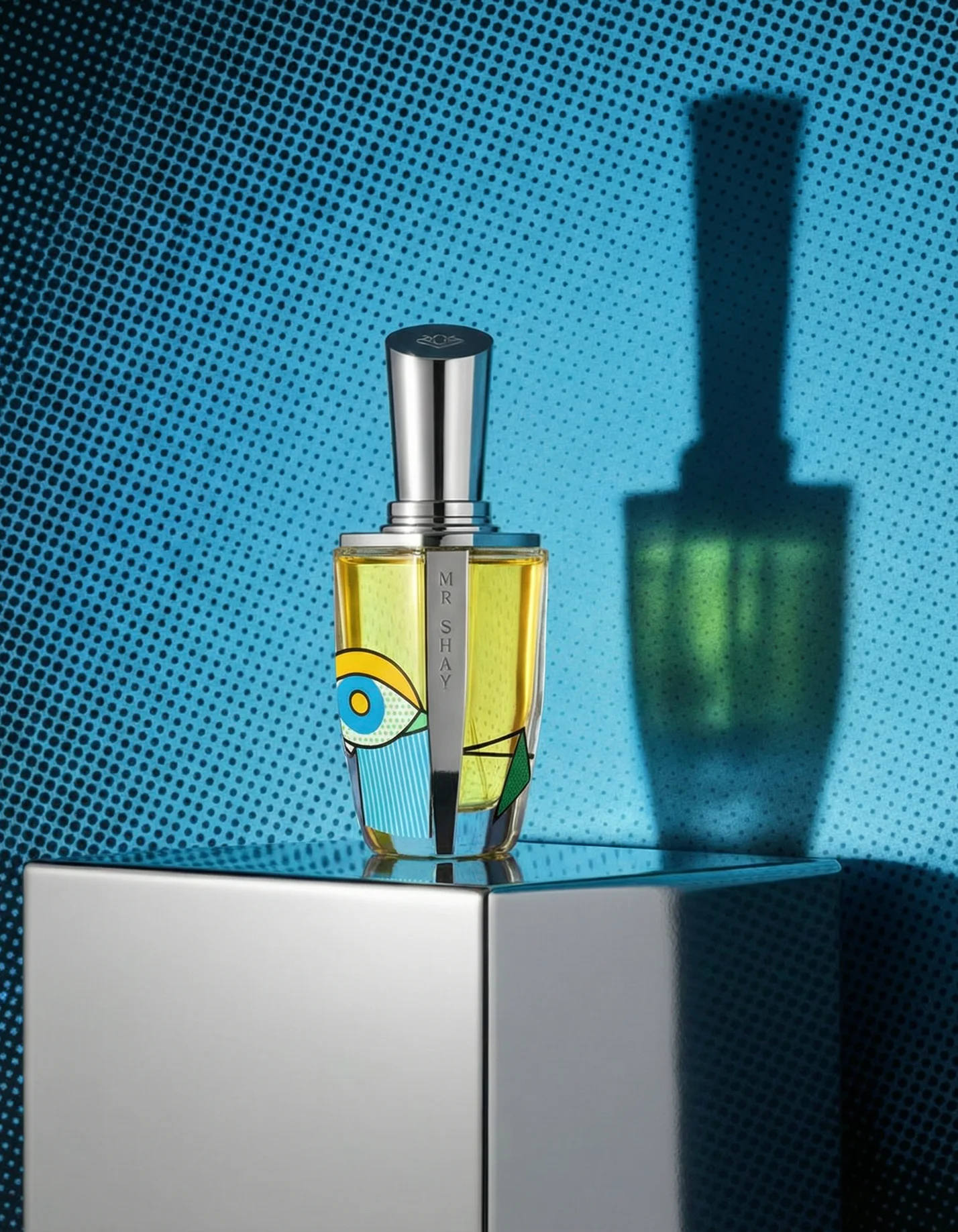 Anfasic Dokhoon casting a long shadow on a cyan halftone wall