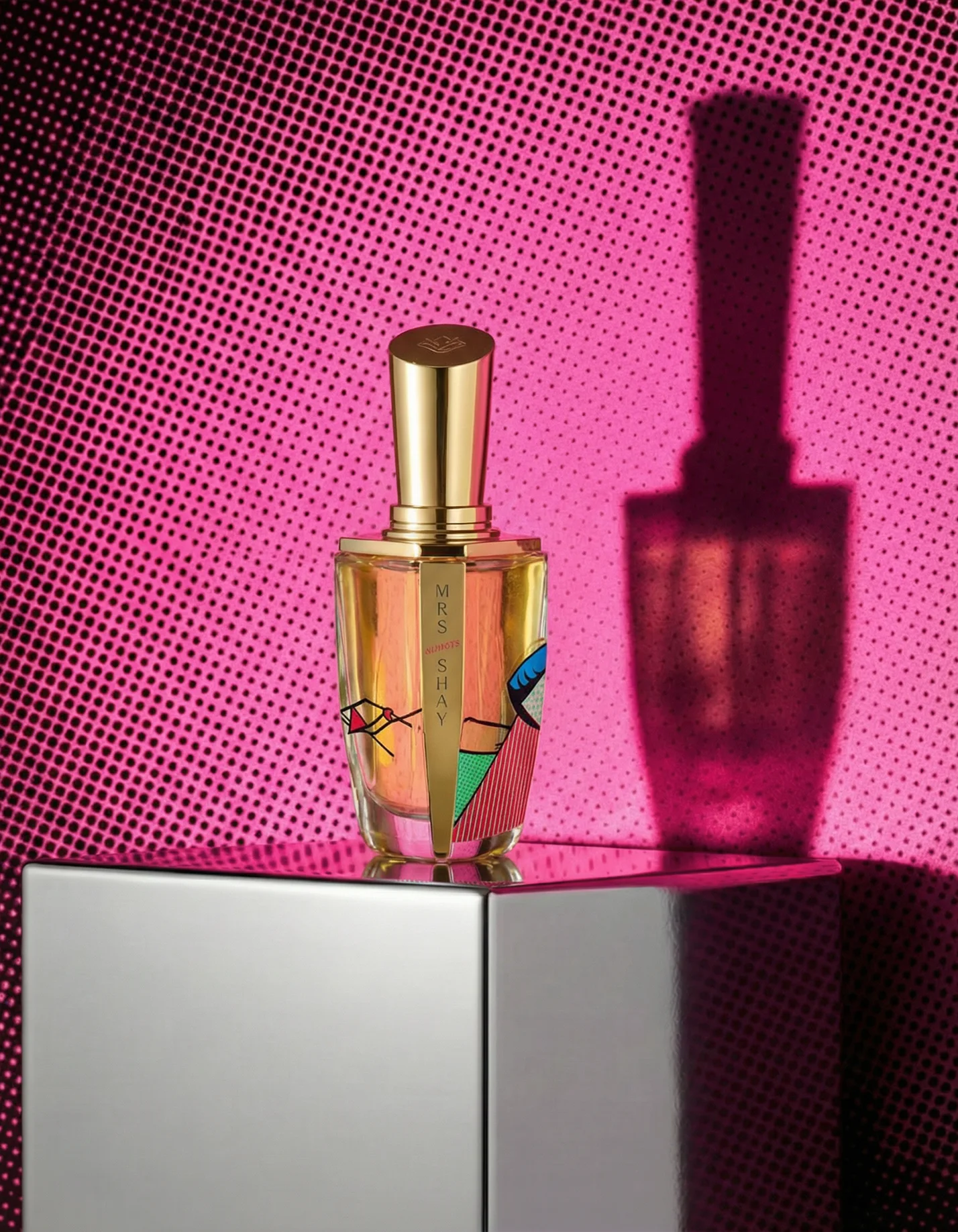 Anfasic Dokhoon casting a long shadow on a magenta halftone wall