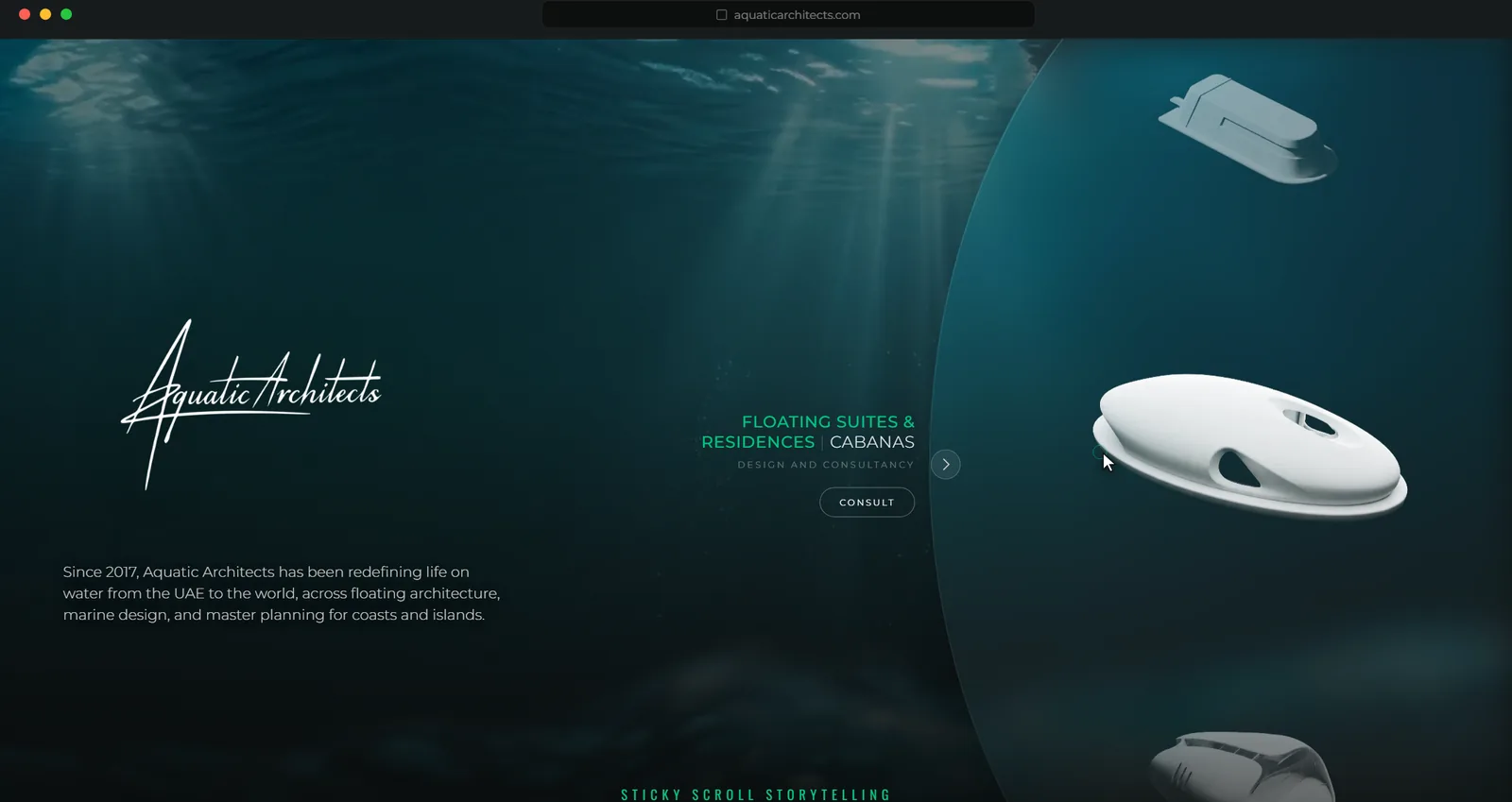 Aquatic Architects homepage, the live site we designed and built