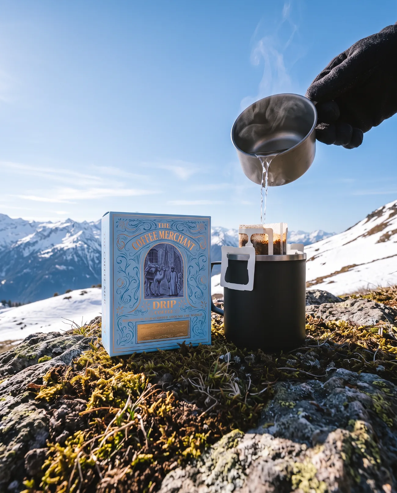 The Coffee Merchant, pour-over brewing on a mountain summit