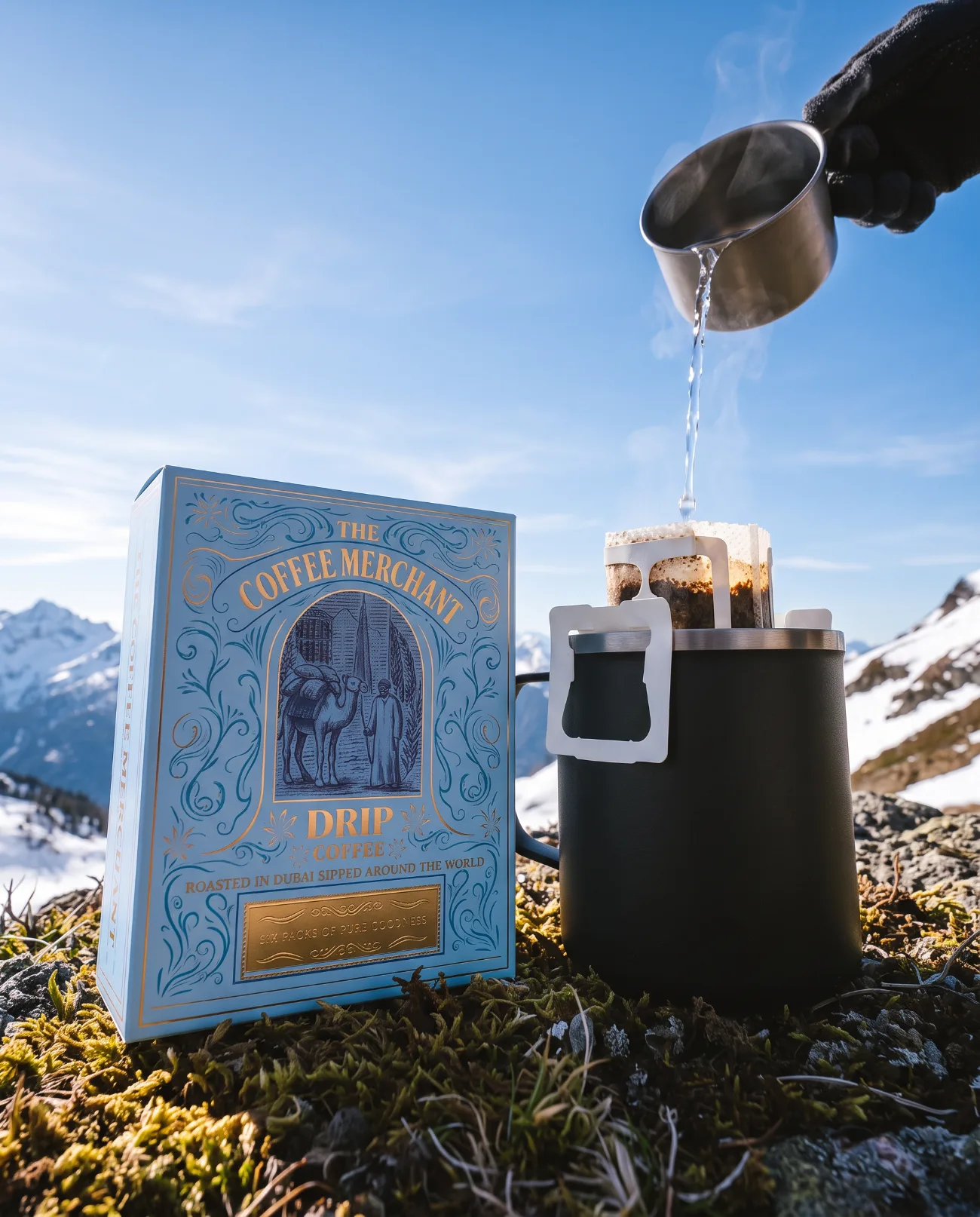 The Coffee Merchant, boxed set and brewer on the mountainside