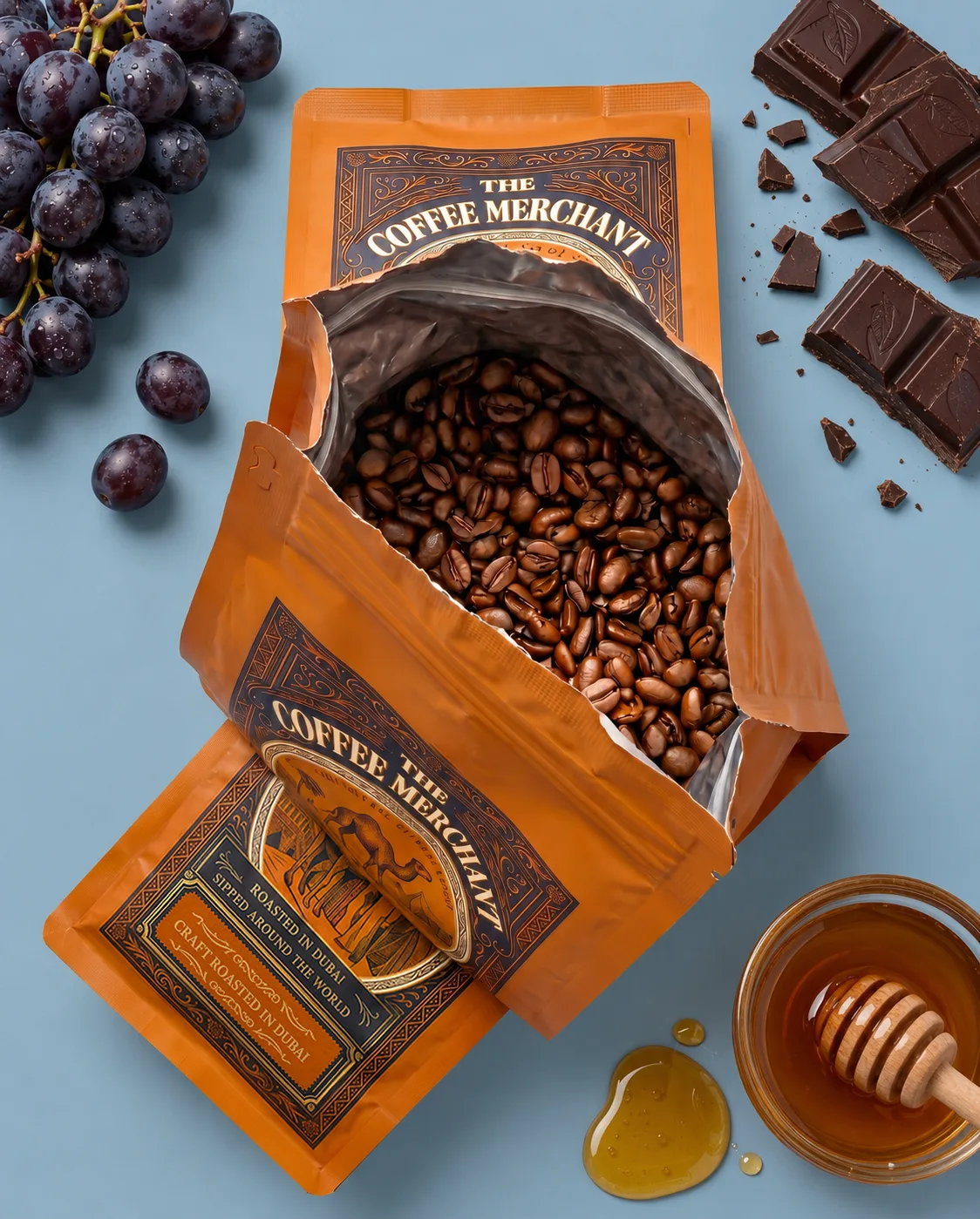 The Coffee Merchant, beans, grapes, chocolate and honey flat lay