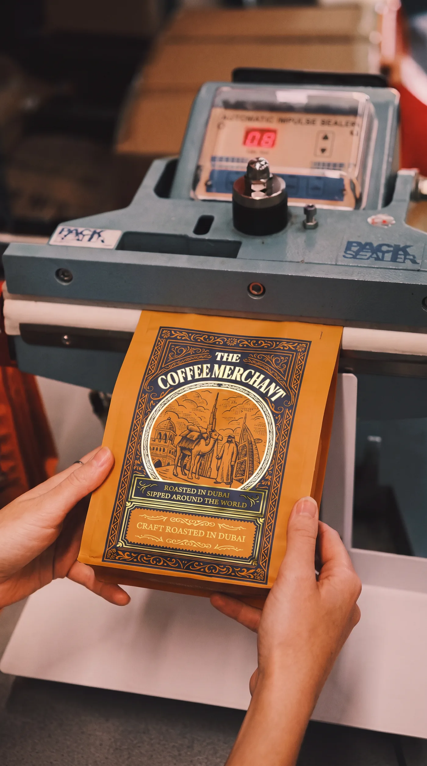 The Coffee Merchant, hands holding a bag at the counter scale