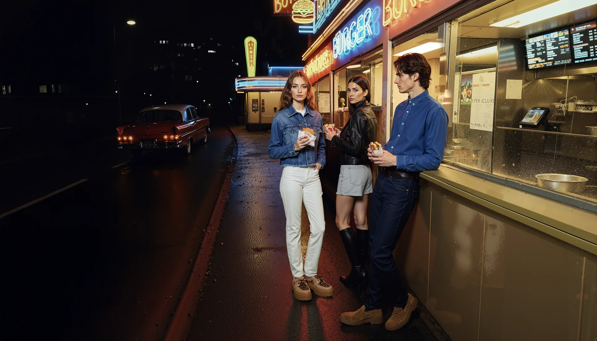 Boyner Denim campaign key visual: the cast on a neon-lit night street outside a burger joint