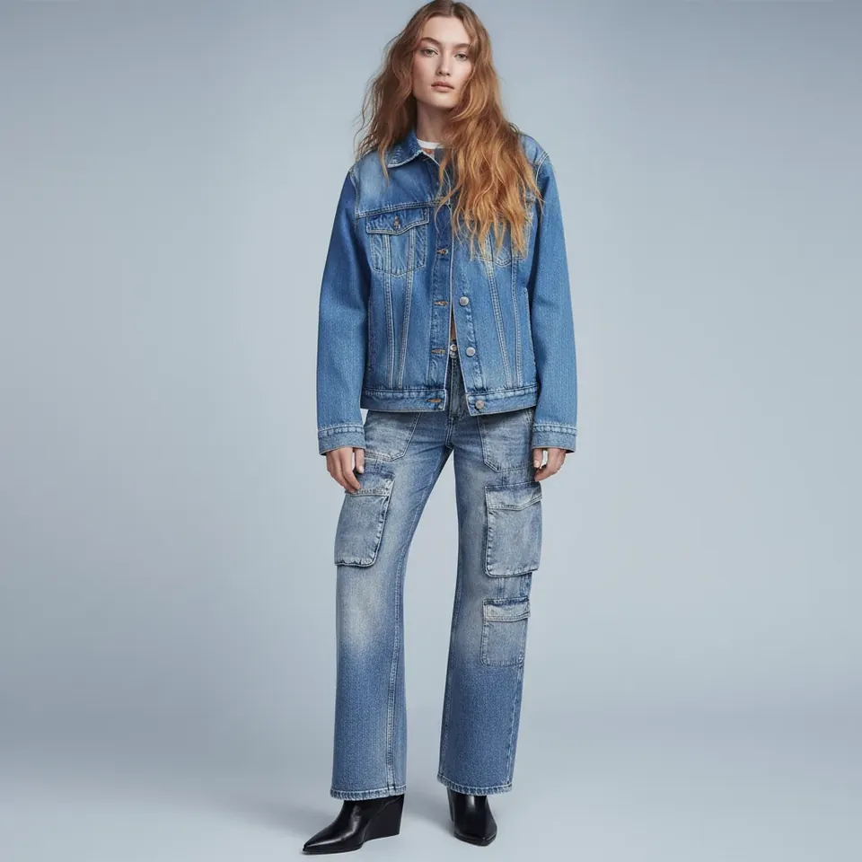Reference, denim jacket and cargo jeans on a light ground