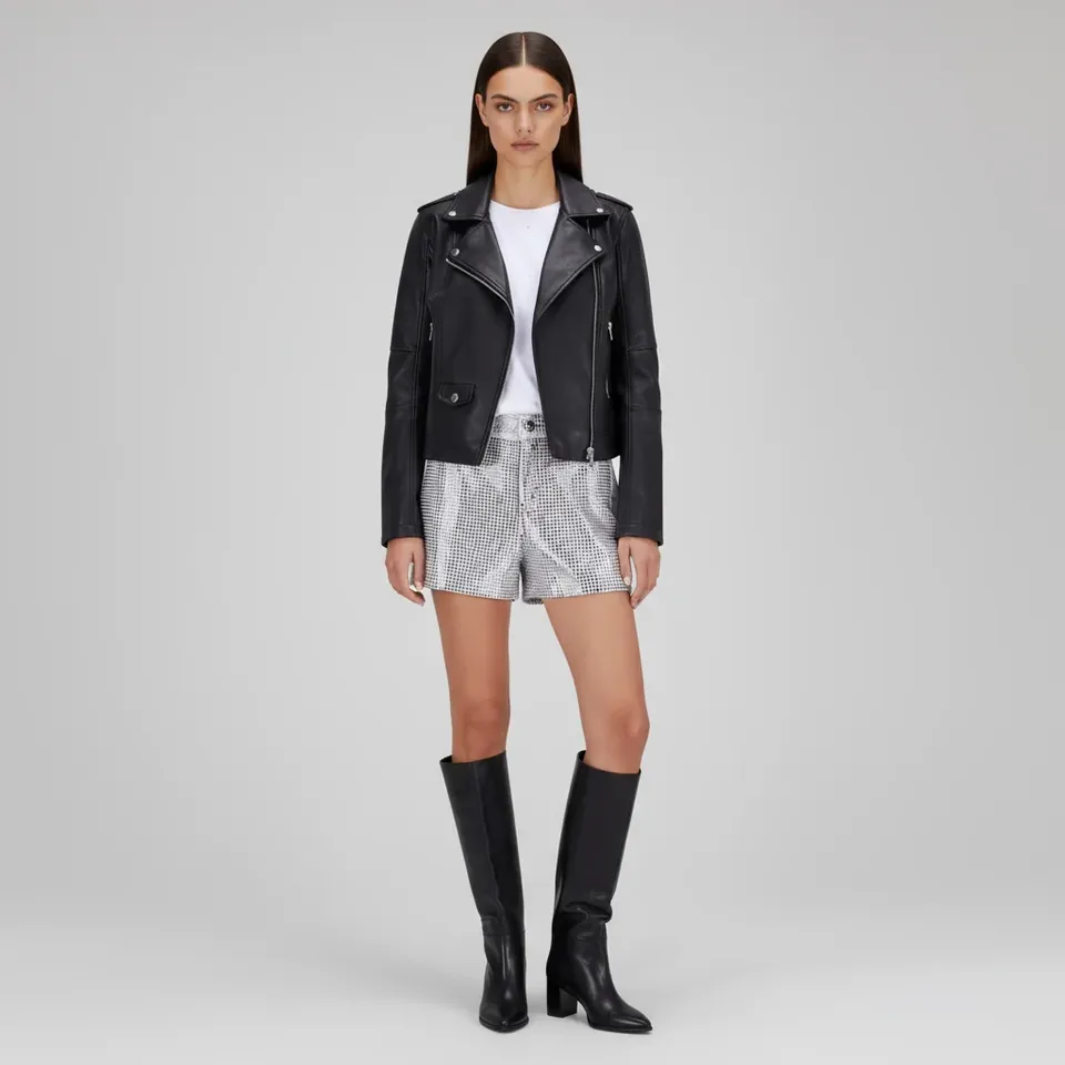 Reference, brunette in leather jacket on a studio grey ground