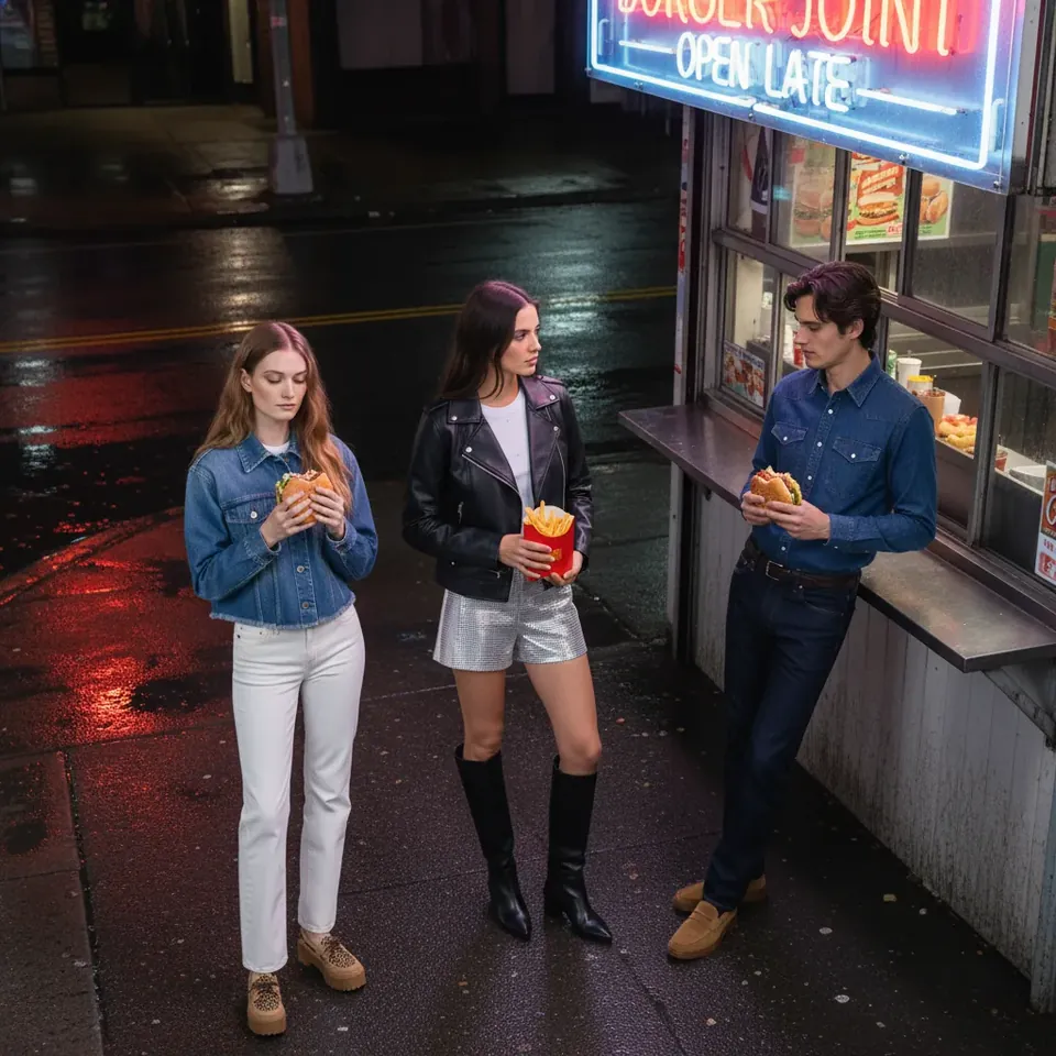 The group directed into a lit night street scene