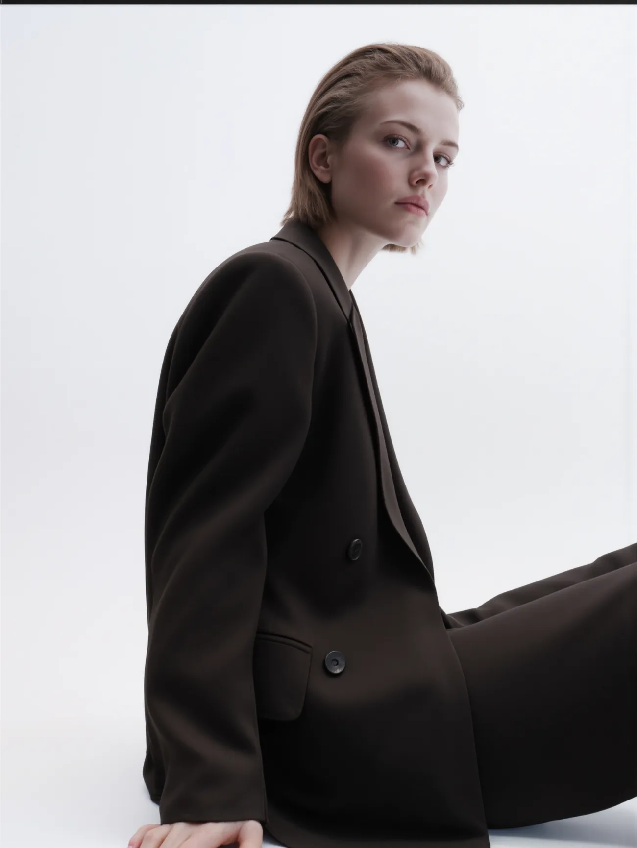Koton Russia FW25, the dark brown suit seated in the studio