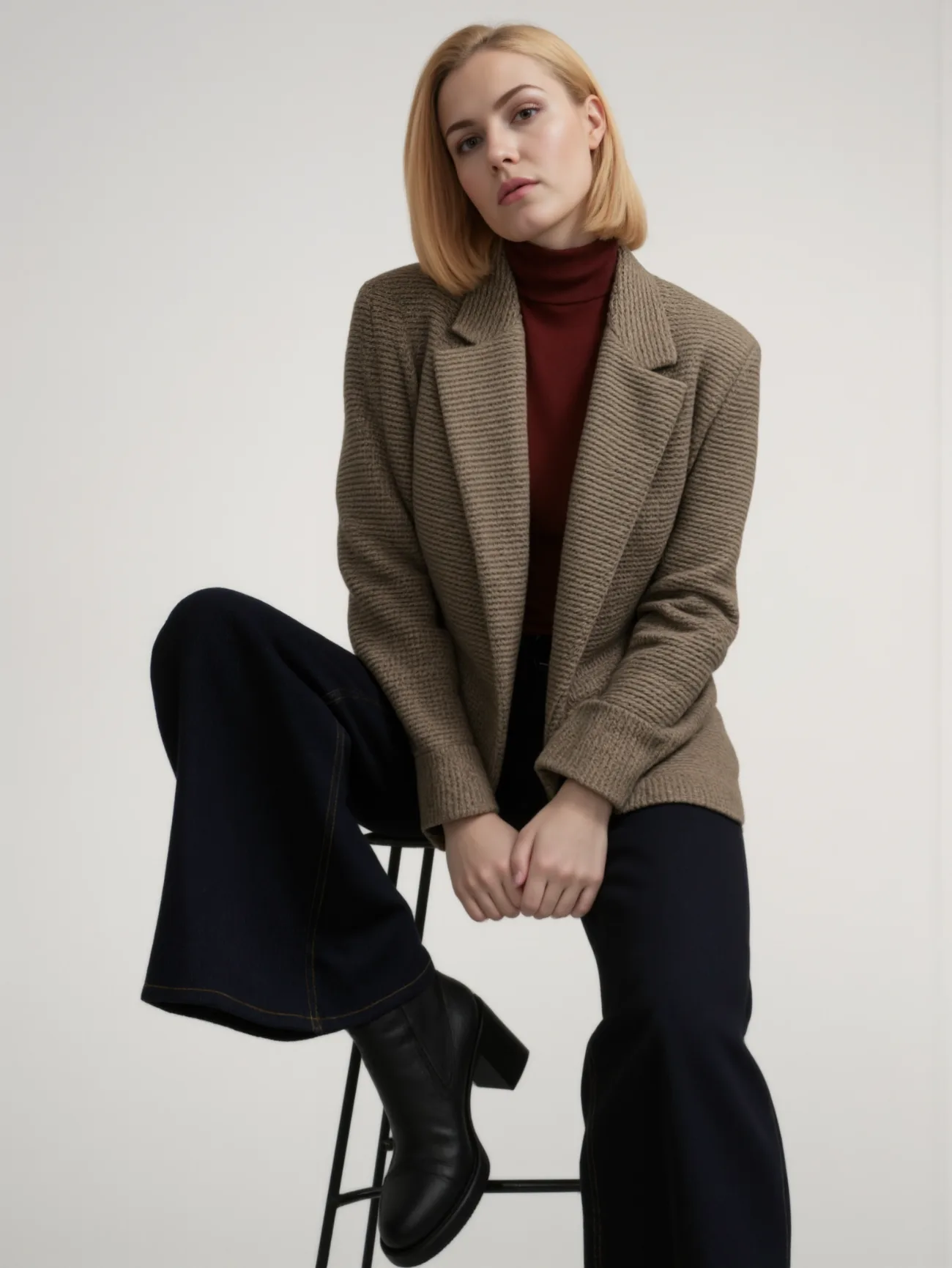 Koton Russia FW25, the check blazer seated on a studio stool