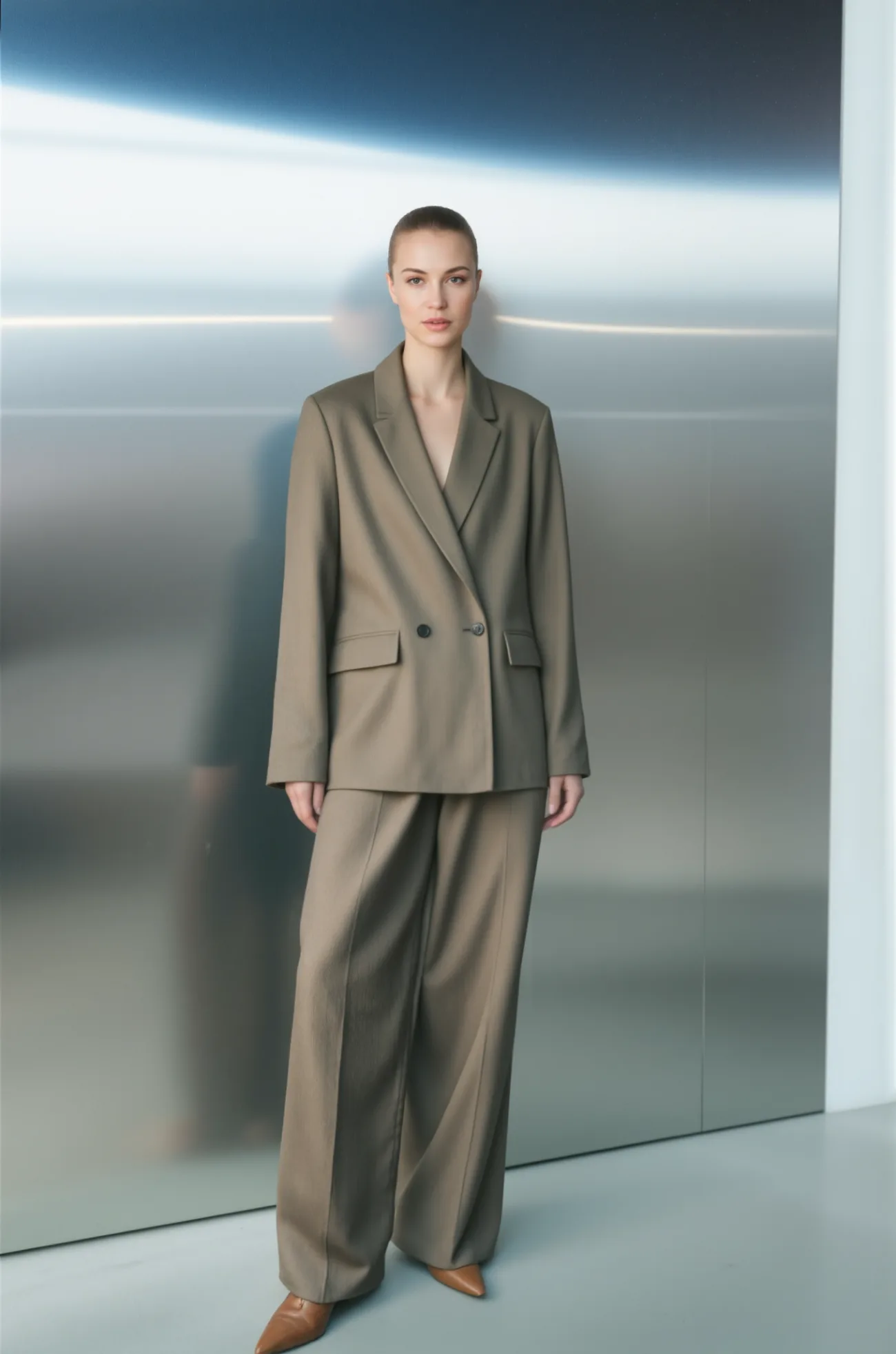Koton Russia FW25, the taupe suit full length against steel