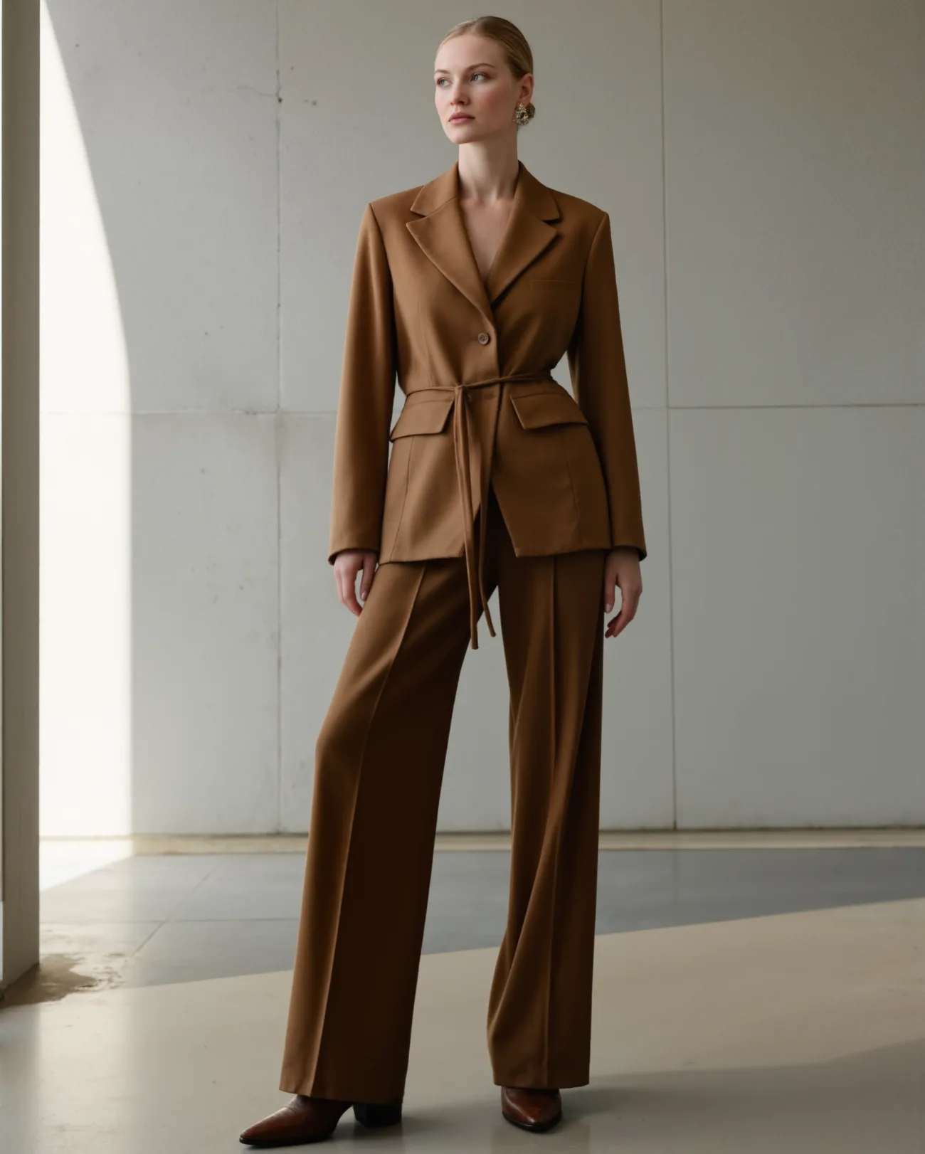 Koton Russia FW25, the brown wool suit standing in soft light