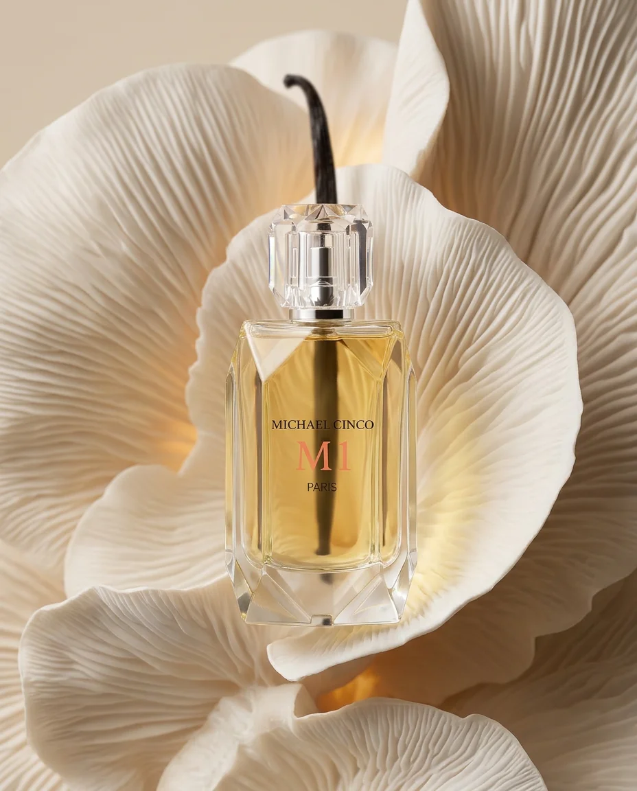 M1 eau de parfum cradled in an oyster mushroom with a vanilla pod