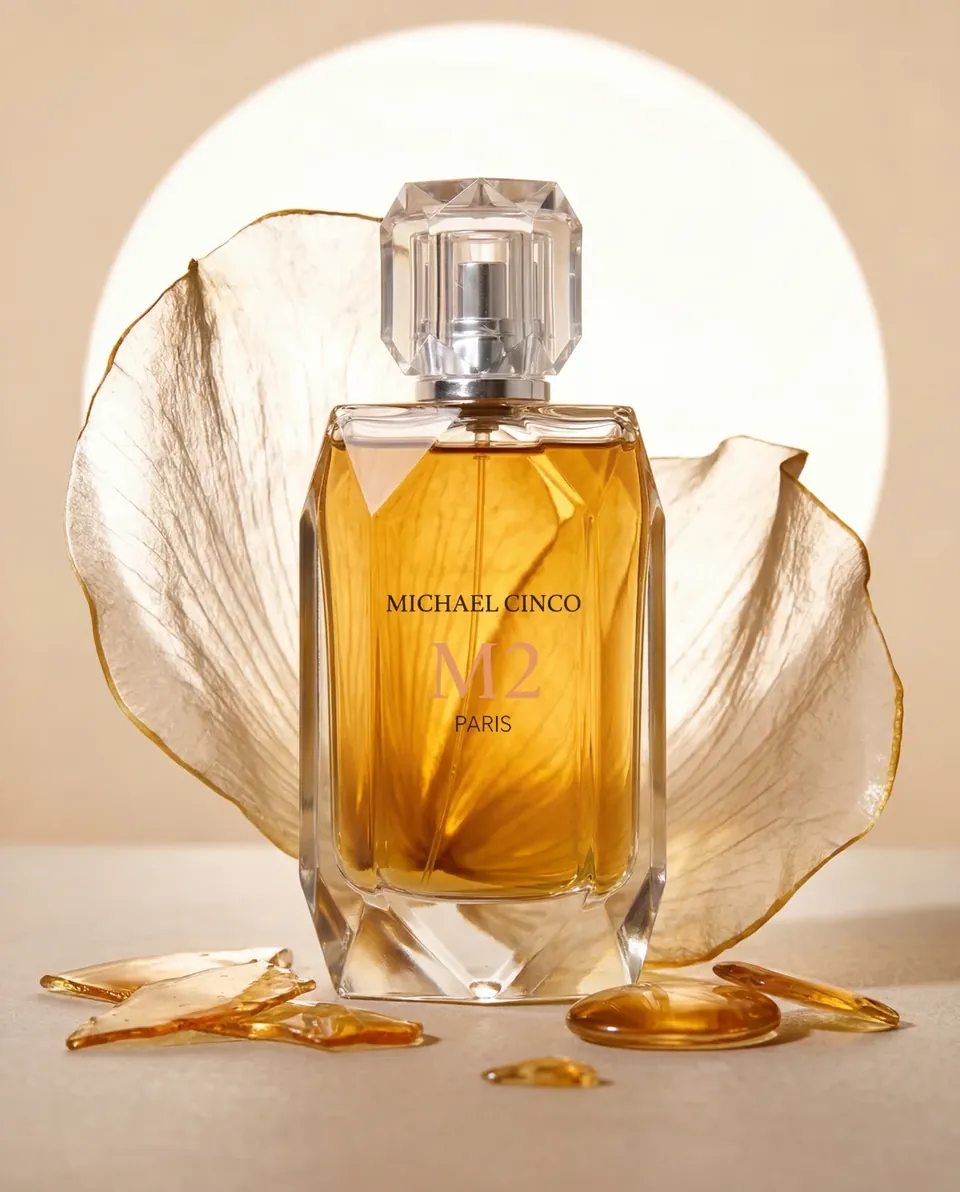 M2 eau de parfum against a dried petal with amber shards