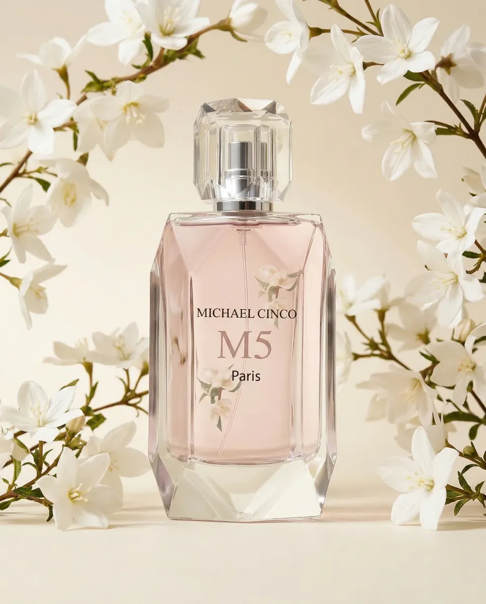 M5 eau de parfum framed by jasmine blossom