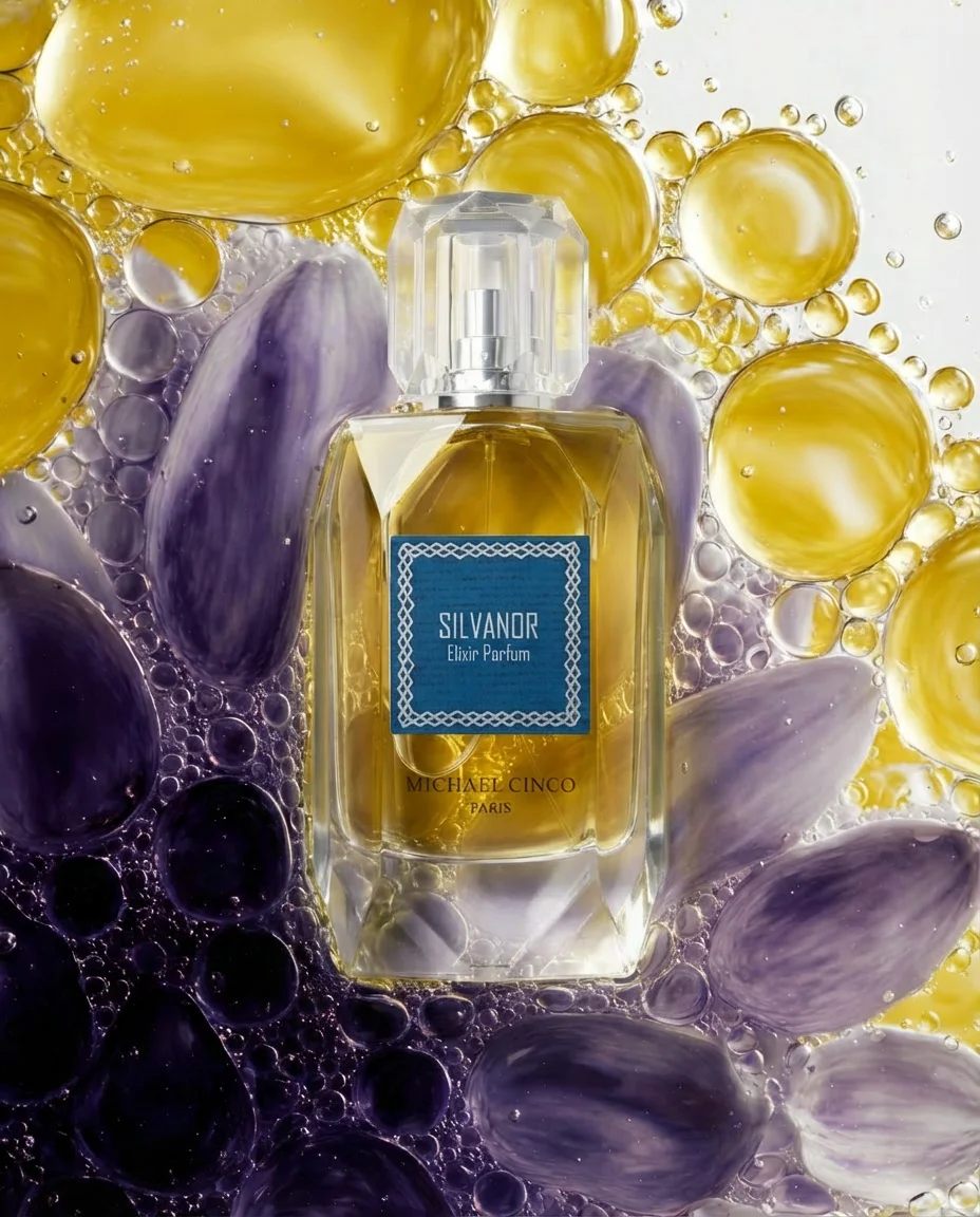 Silvanor elixir parfum among violet petals and amber bubbles
