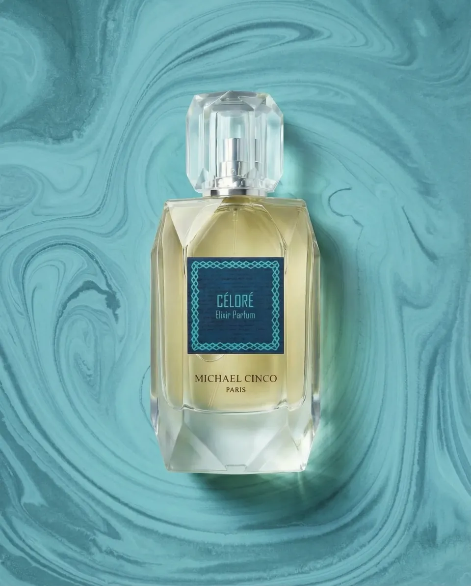 Céloré elixir parfum on a teal field