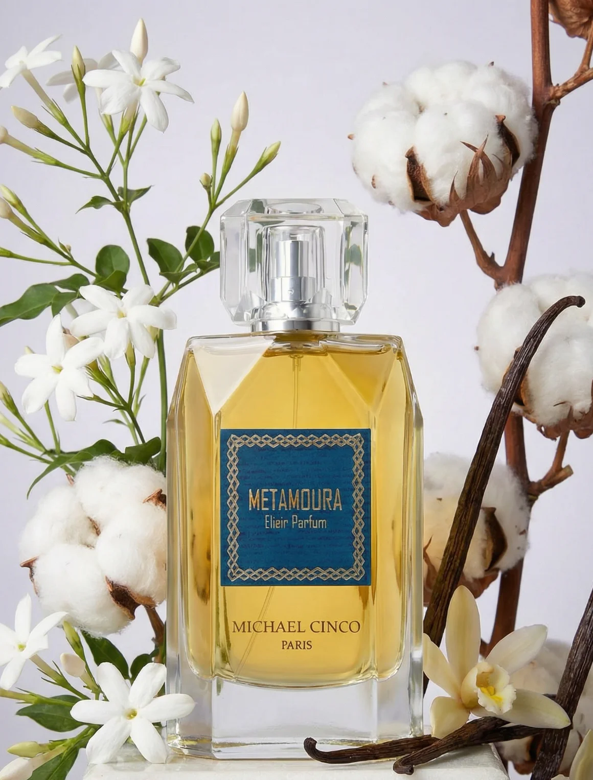 Metamoura elixir parfum with cotton bolls, jasmine and vanilla