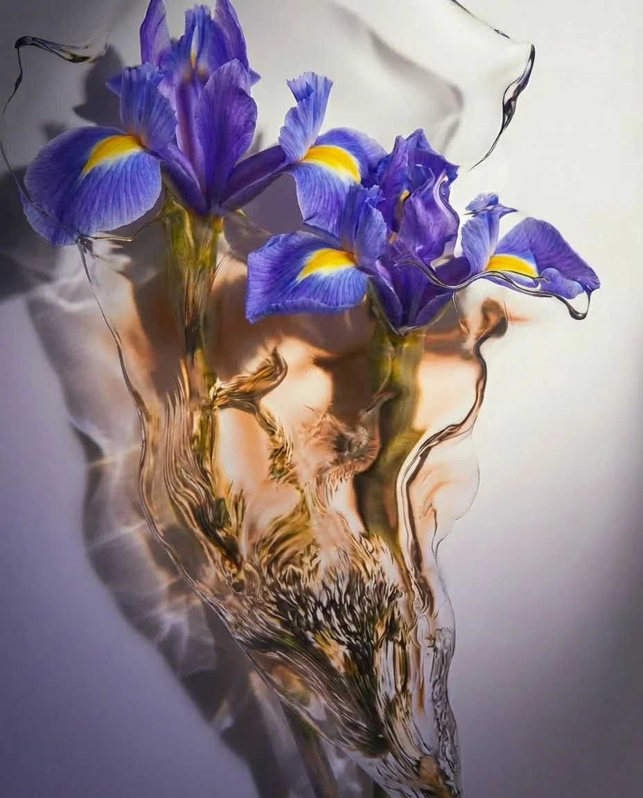 Iris blooms suspended in liquid