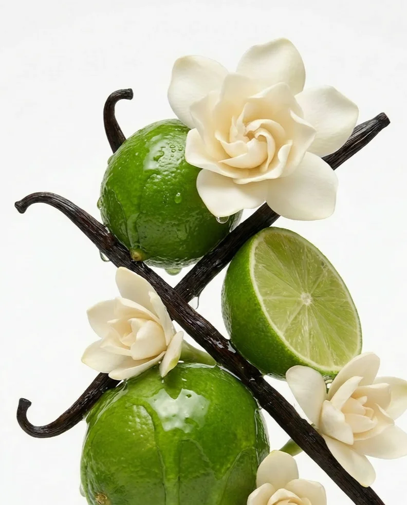 Limes, gardenia and vanilla pods on white
