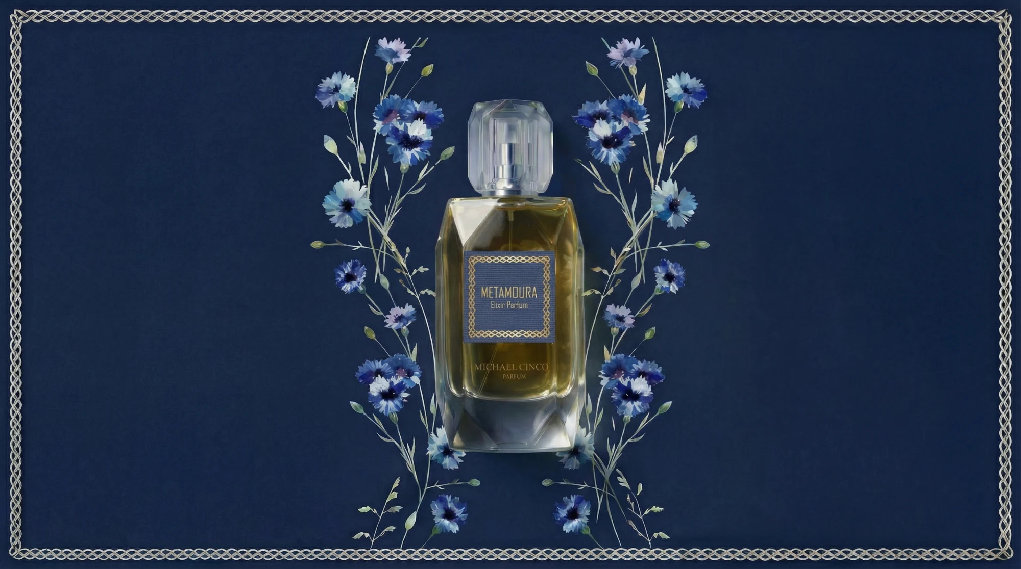 Metamoura elixir parfum, campaign banner in blue with cornflowers