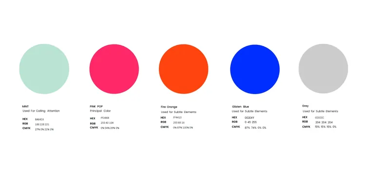 Moodie colour palette: mint, magenta, coral, blue