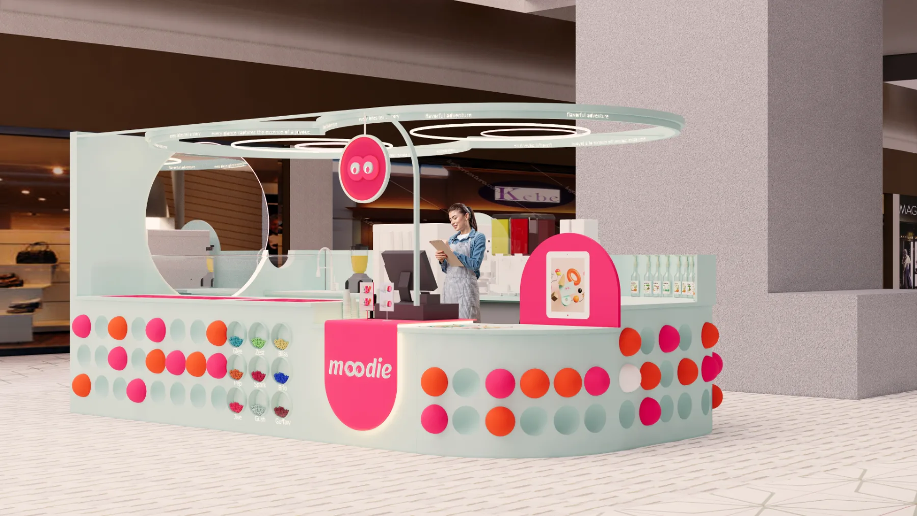 Moodie kiosk seen on approach along the concourse