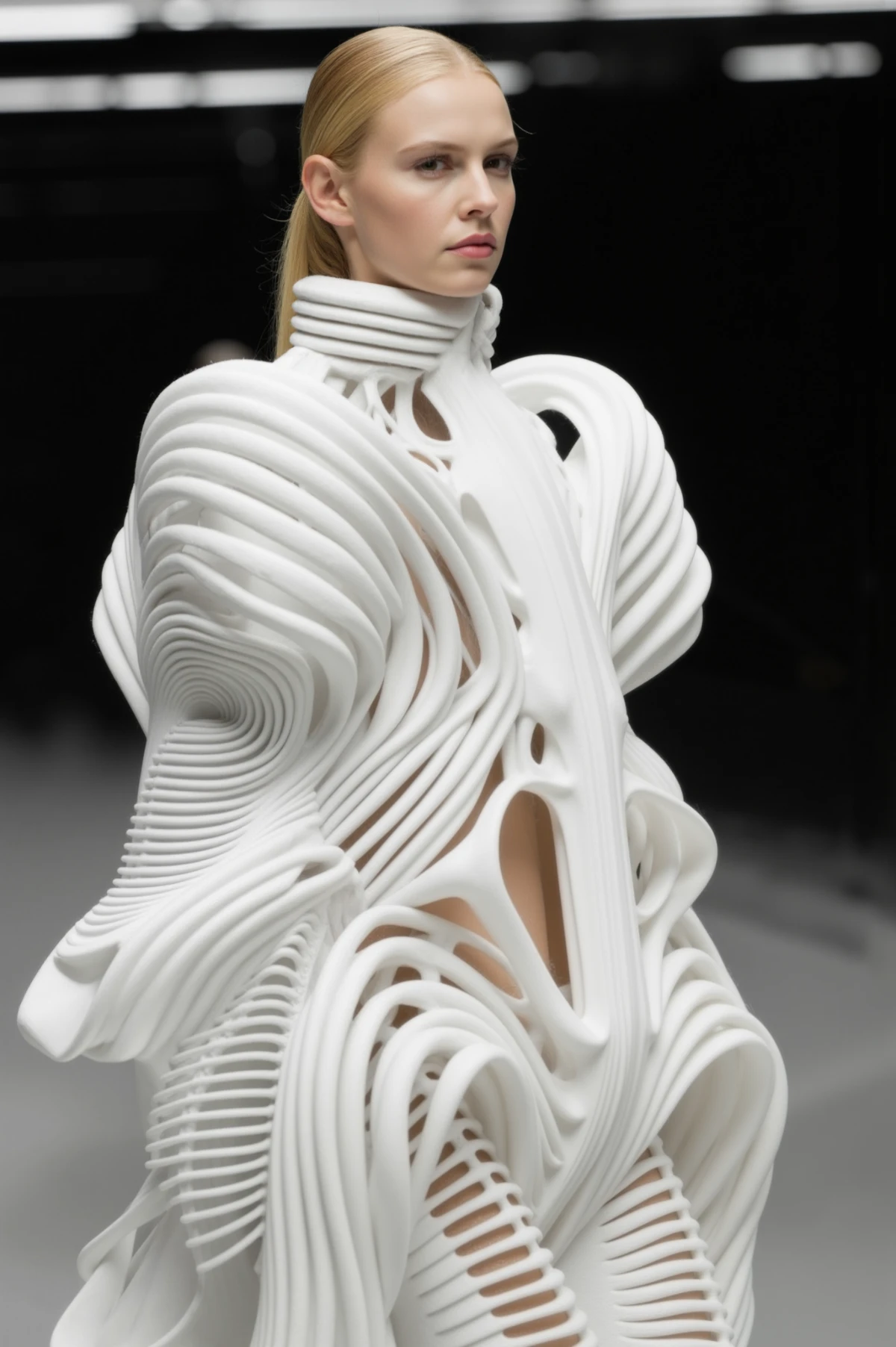 Morphellum, a sculpted white gown of layered ribs worn on the runway