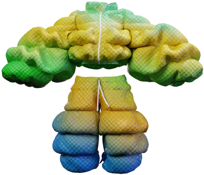 Morphellum, a rainbow gradient quilted puffer set