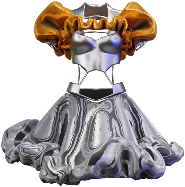 Morphellum, a silver sculpted dress with a gold ruffle collar