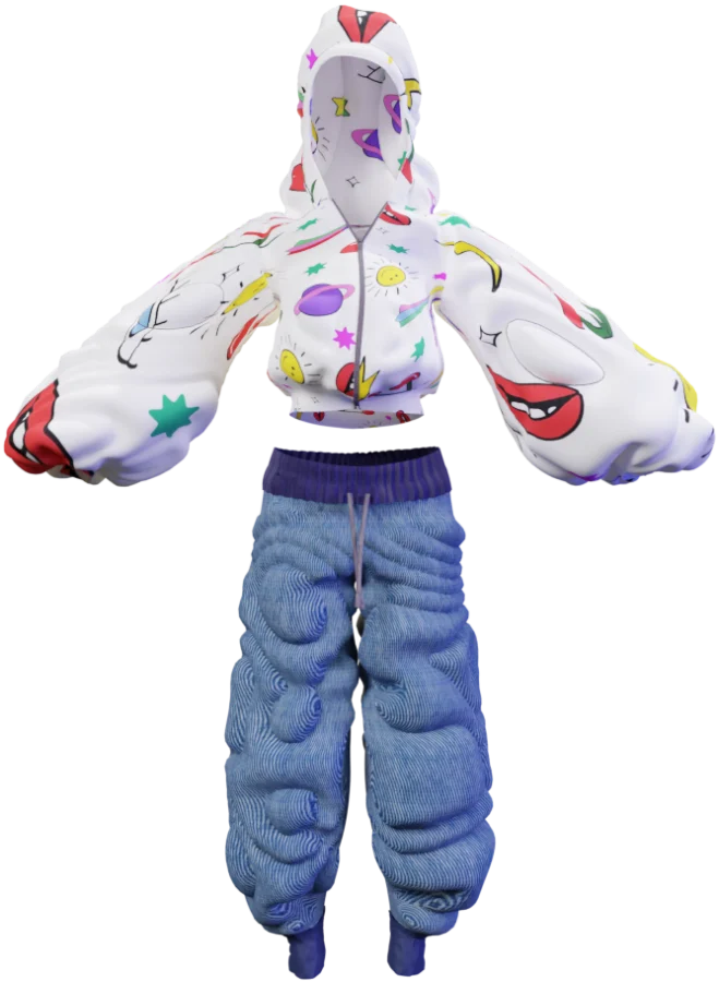Morphellum, a sticker-print hoodie with blue trousers