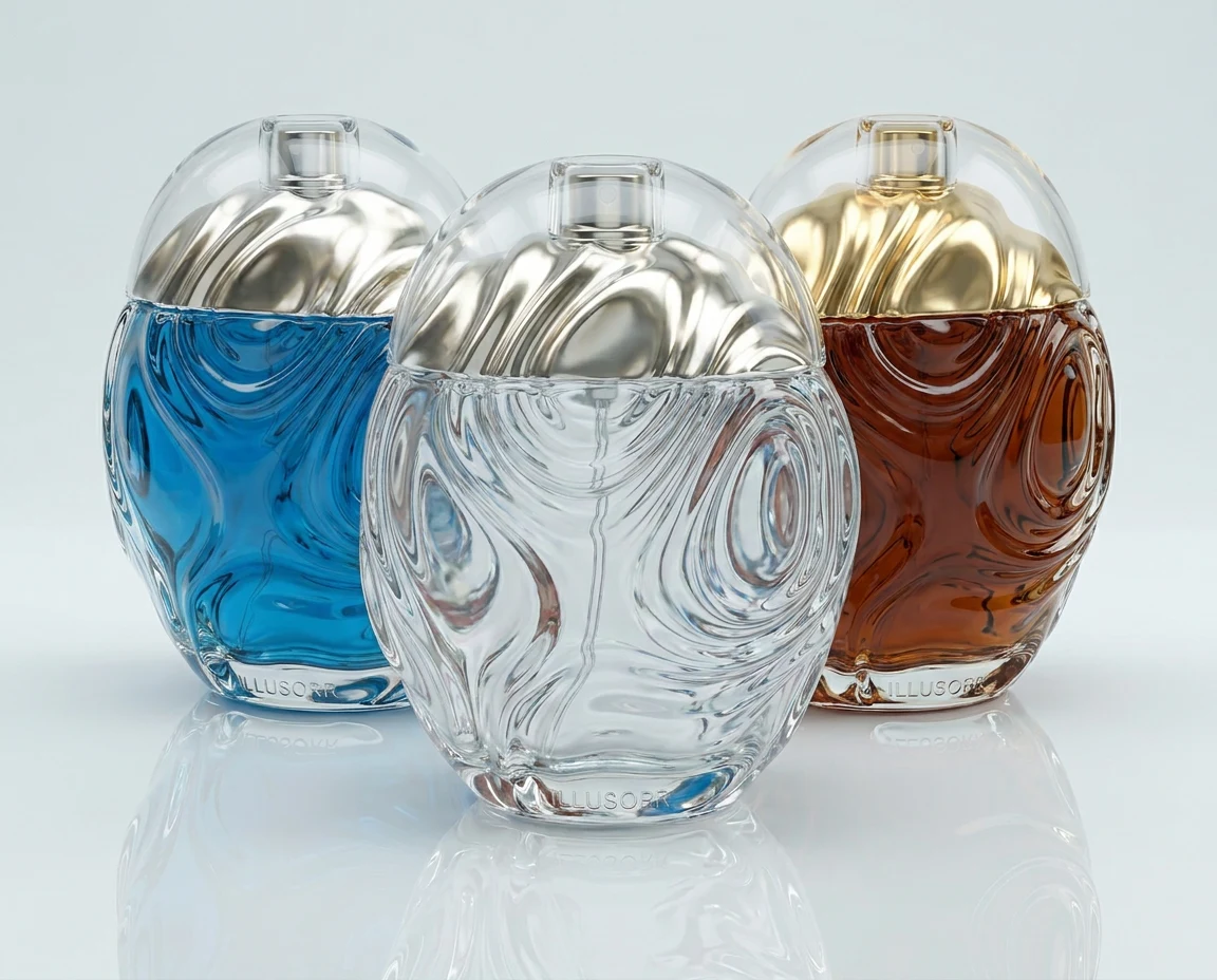 Three fragrance bottles in sculpted glass, blue, clear and amber