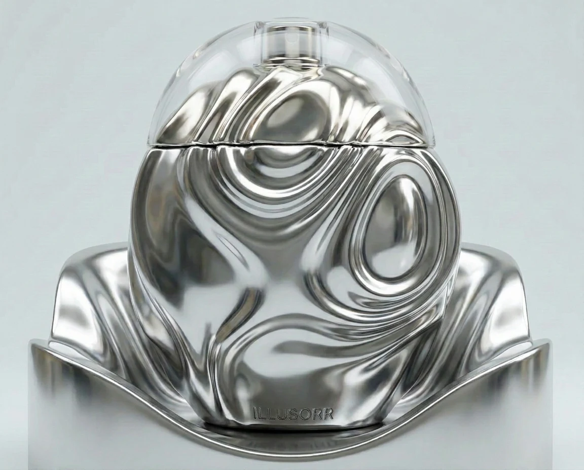Chrome jar with a domed glass cap on a sculpted plinth