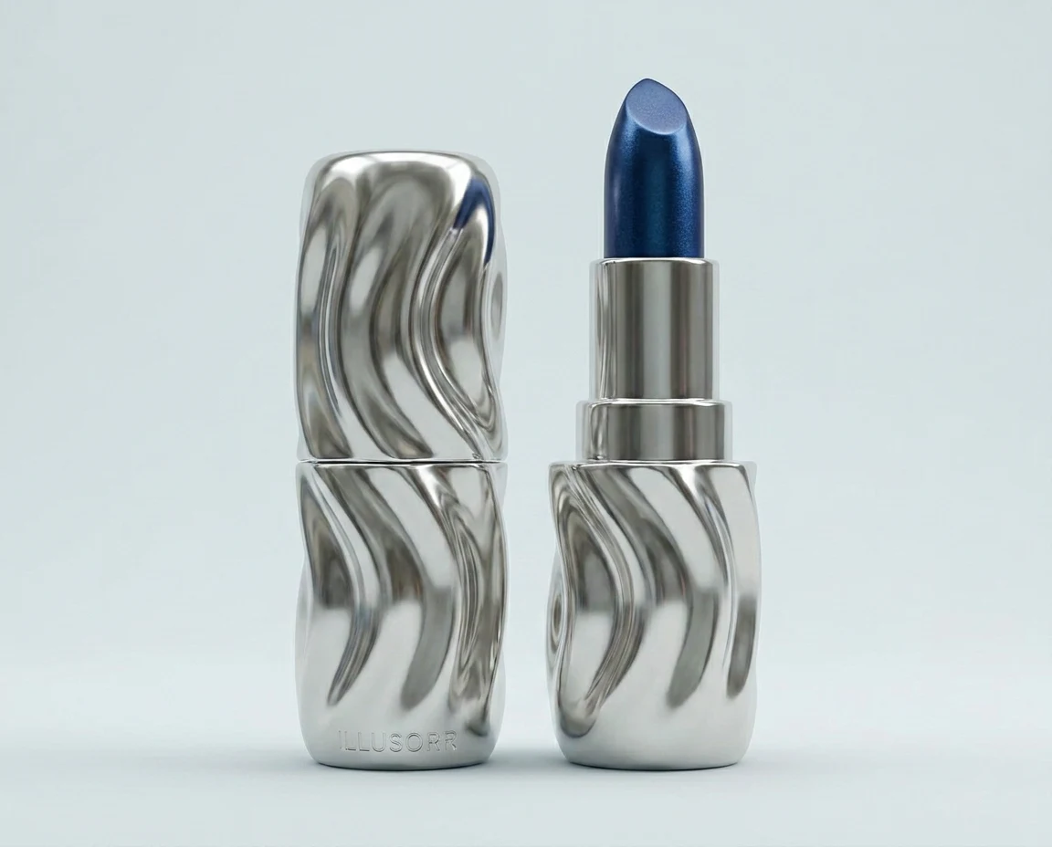 Polished chrome lipstick case, open, with a deep blue bullet