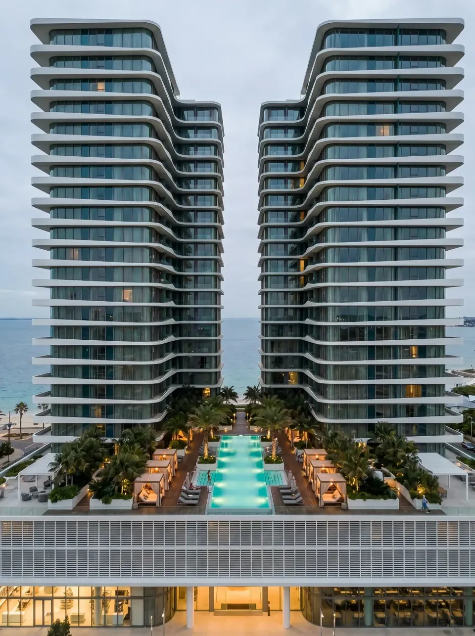 Aerial of the pool courtyard between the towers