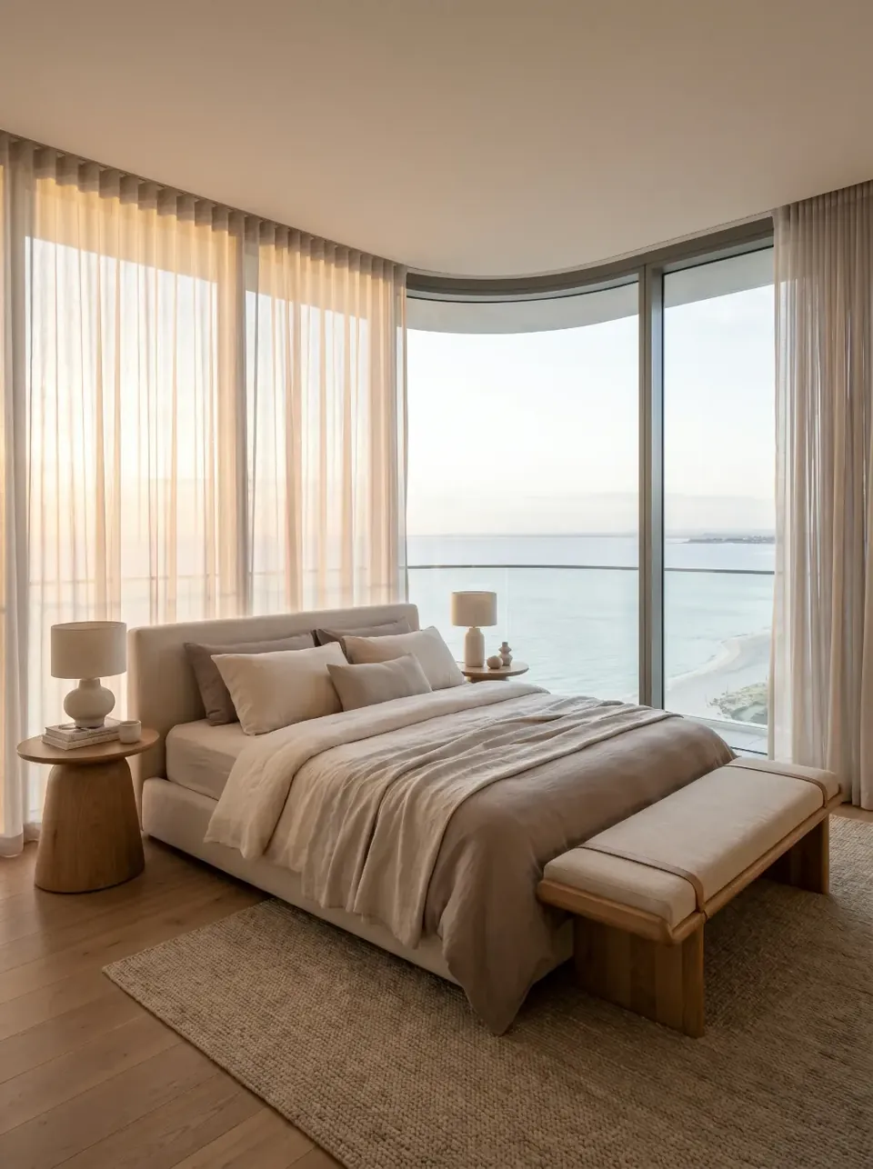 Bedroom with sheer curtains over the bay