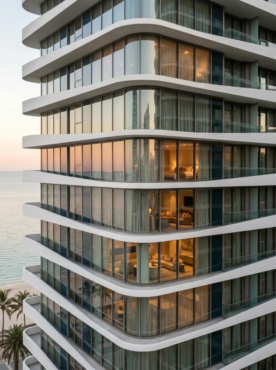 Building corner at sunset with lit interiors