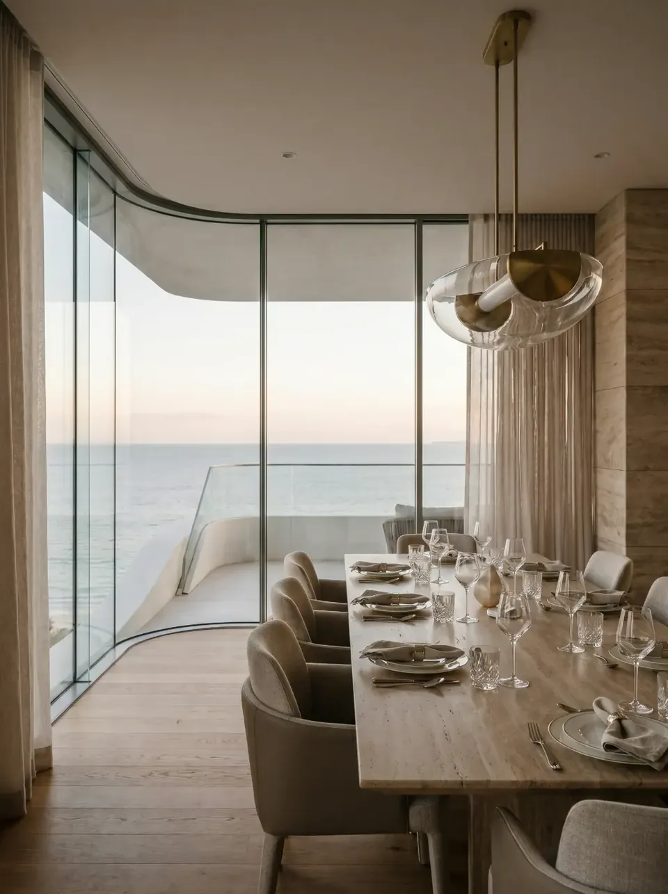 Dining table set against curved glazing
