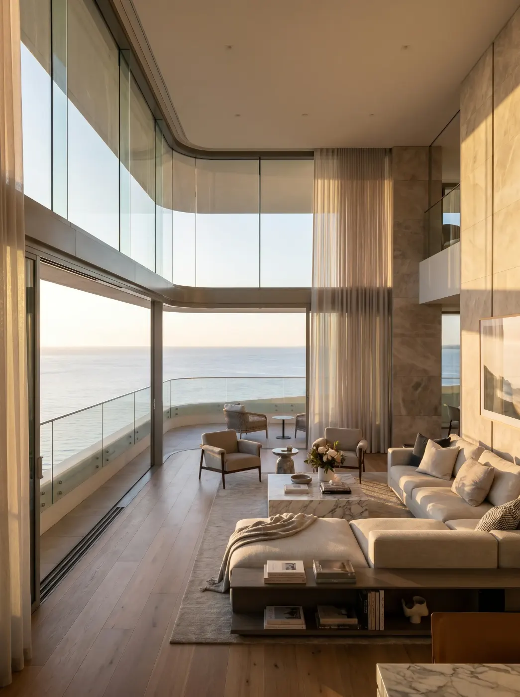 Double height living room facing the sea