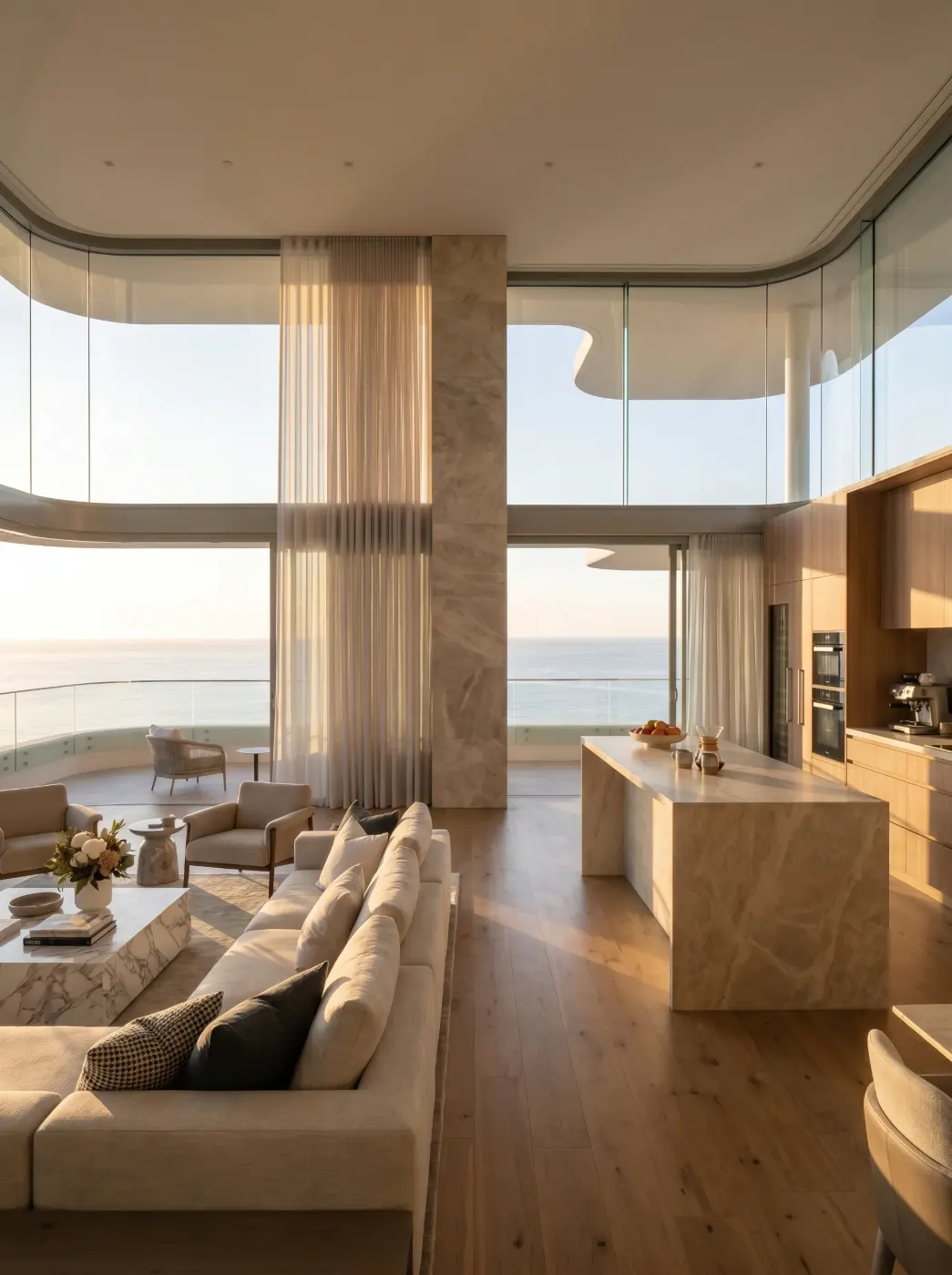 Double height living room and kitchen at golden hour