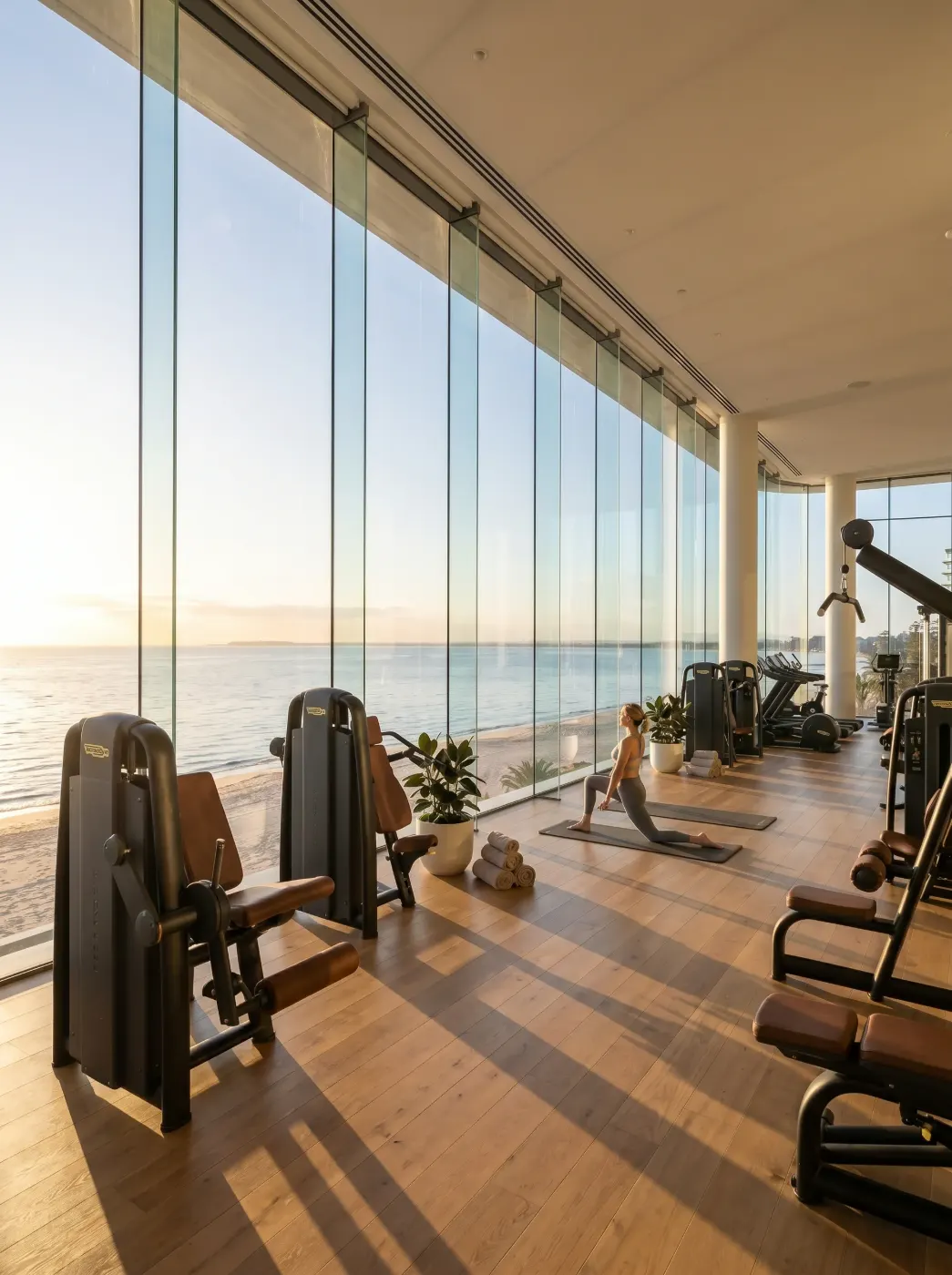 Gymnasium overlooking the beach at dawn