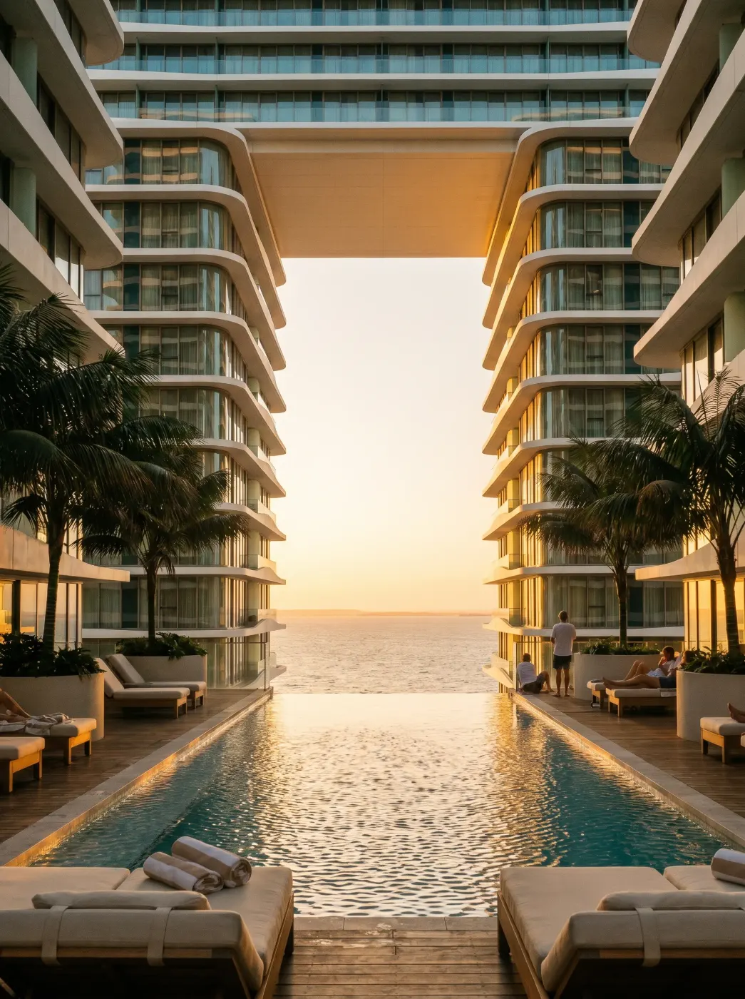 Infinity pool between the towers at sunset