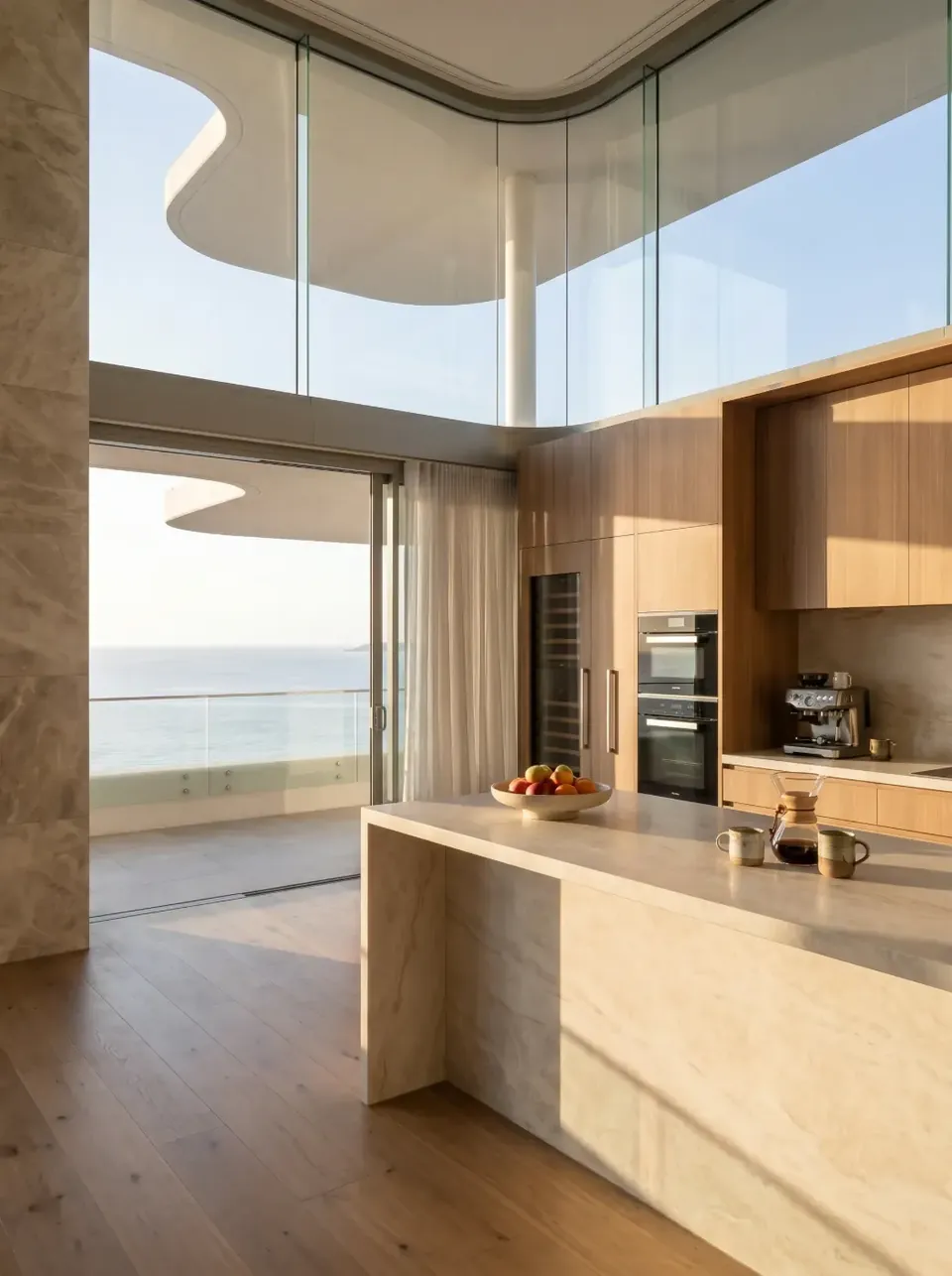 Kitchen island in stone and oak