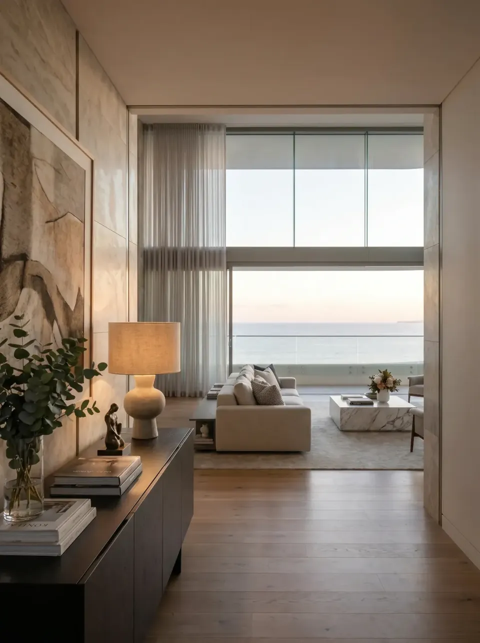 Living room entry with console and planting