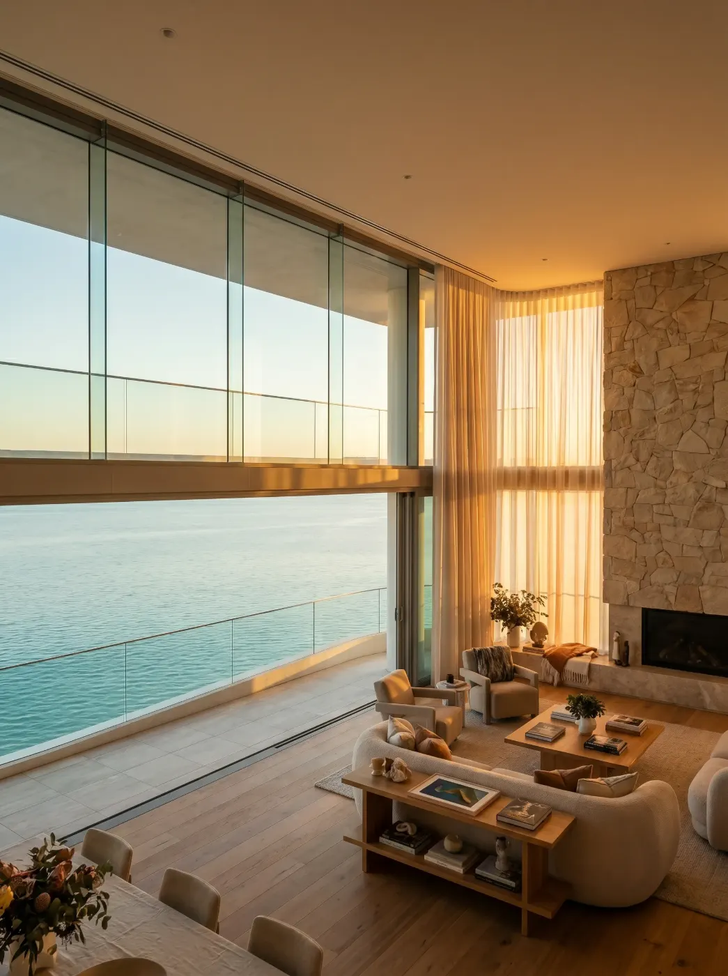 Living room and fireplace at sunset over the water