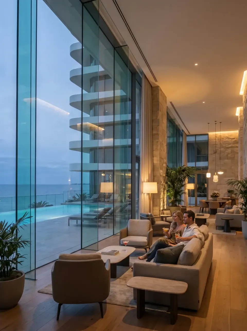 Lounge beside the pool at dusk
