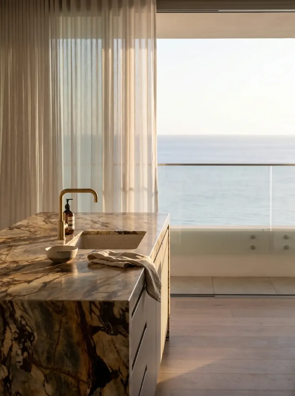 Marble vanity with a brass tap