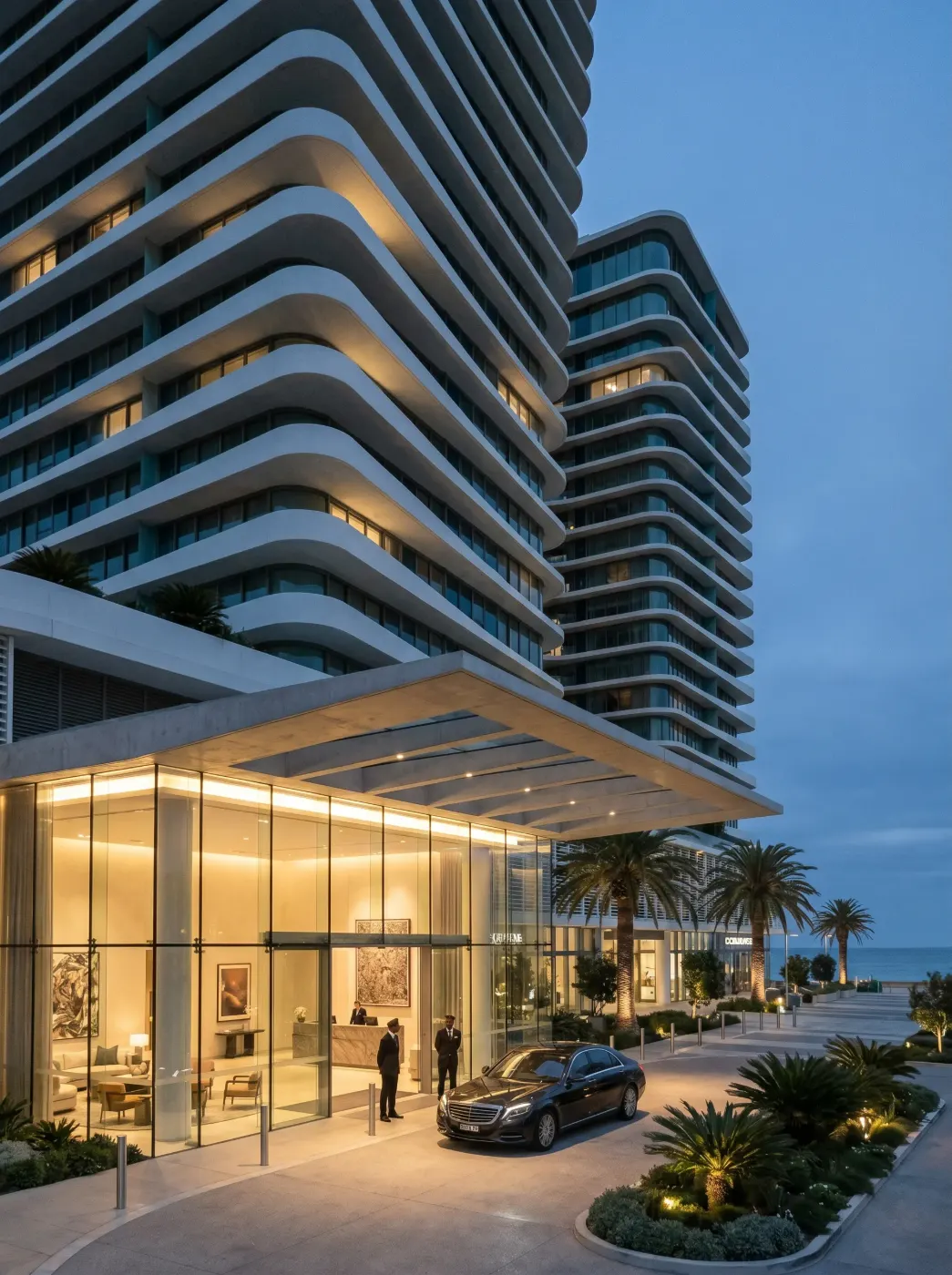 Porte cochere at blue hour with an arriving car