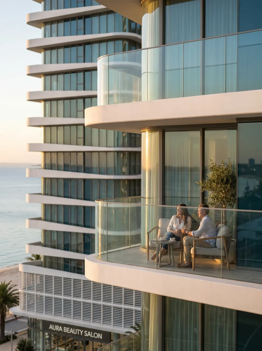 Residents on a balcony at sunset