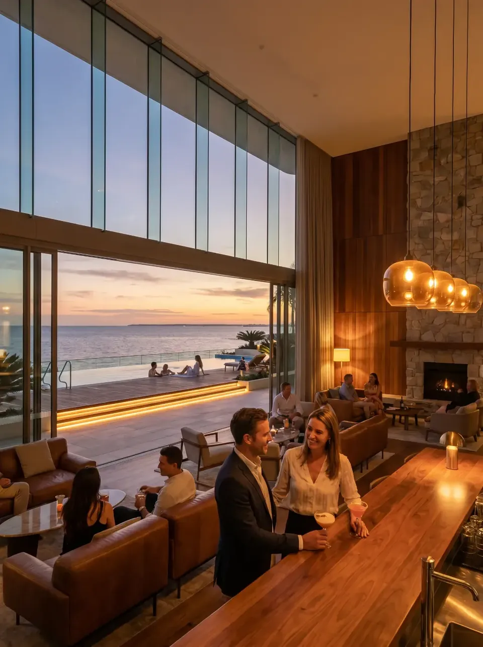 Residents bar with fireplace at sunset